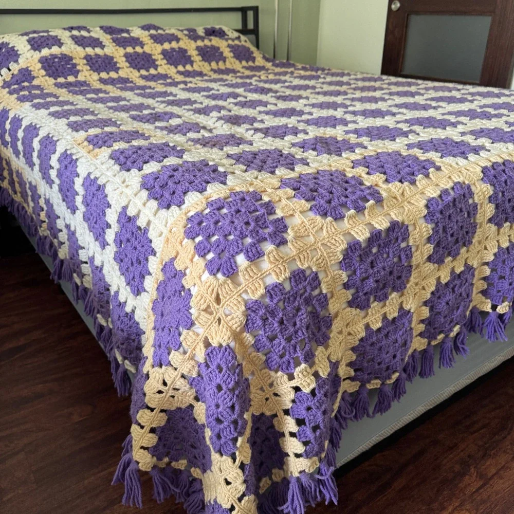 Vintage Handmade Crochet Granny Square Blanket Purple Cream Tassel Fringe King